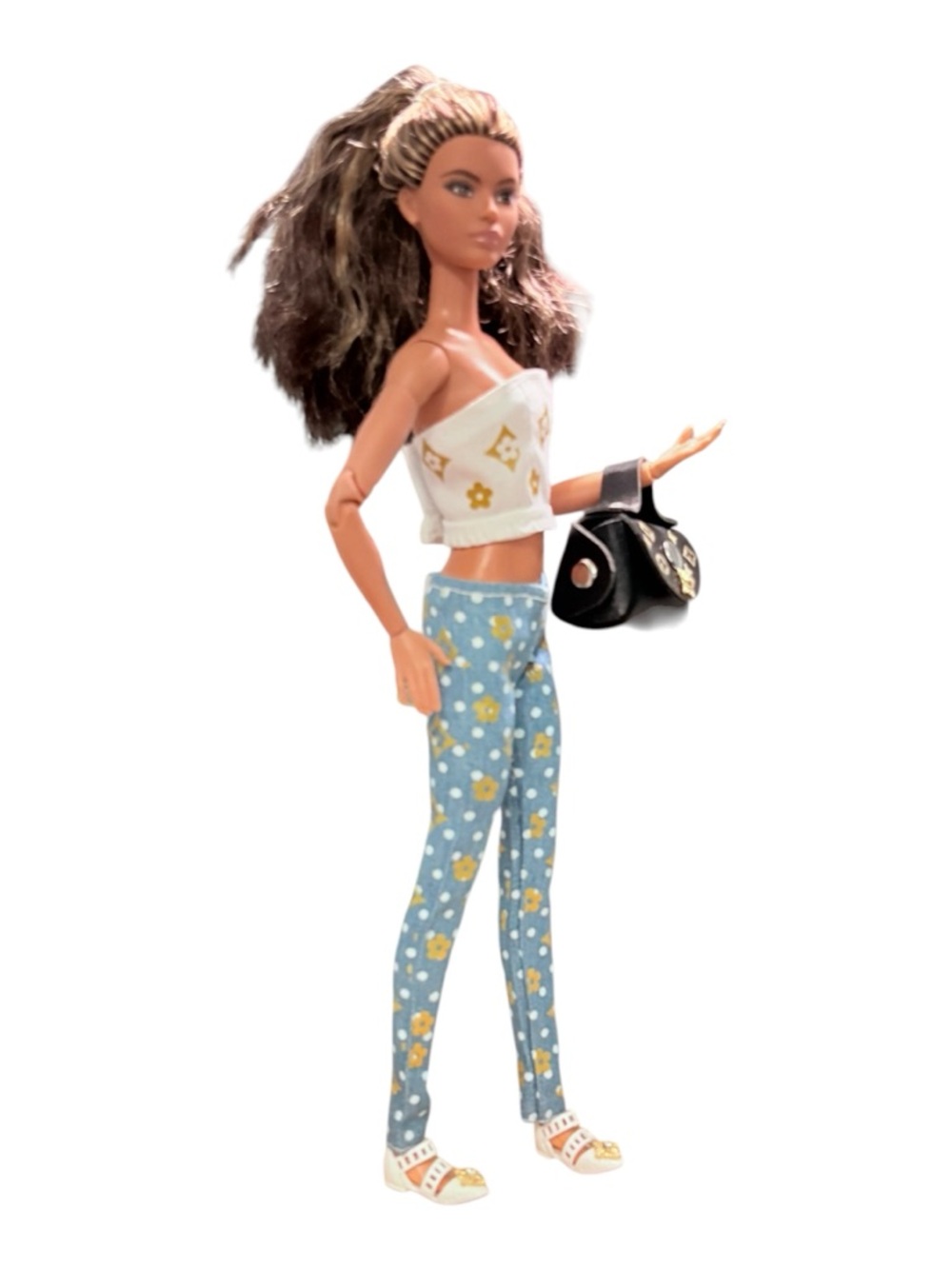 Fashion doll  Blue Floral Print Pants & White Crop Top Set - Picture 7 of 7